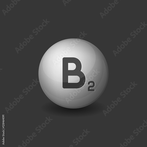 Vitamin B2 Silver Glossy Sphere Icon on Dark Background. Vector