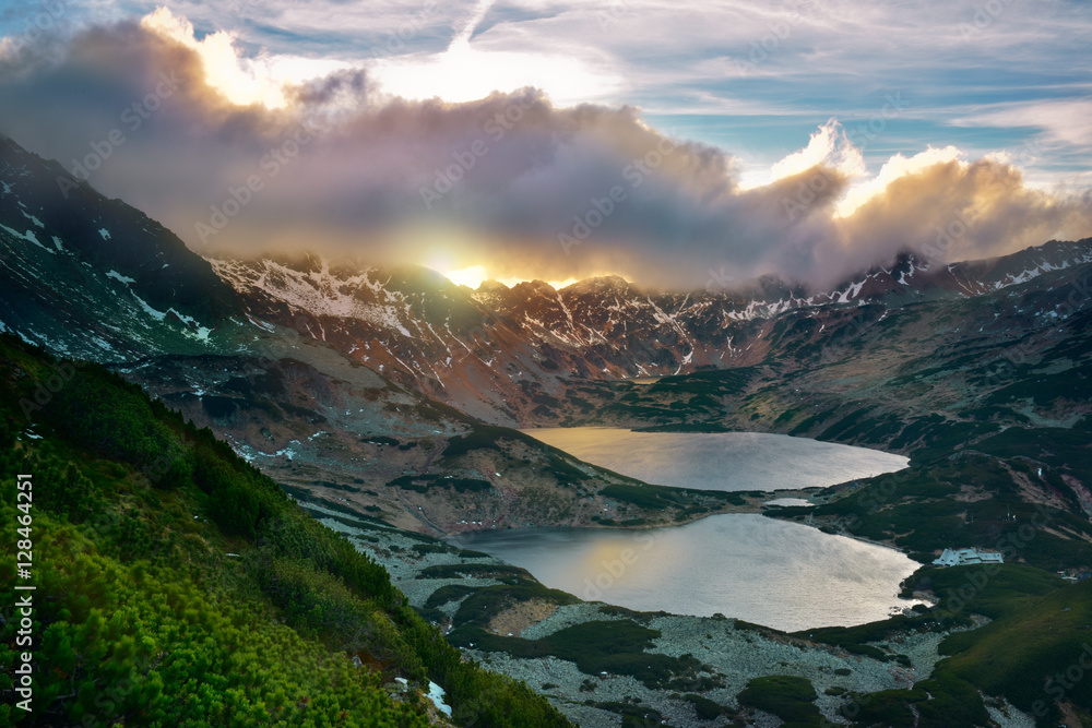Sunset five lakes valley in tatra mountain