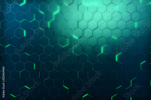 Abstract green of futuristic surface hexagon pattern with light rays. 3D Rendering © rost9