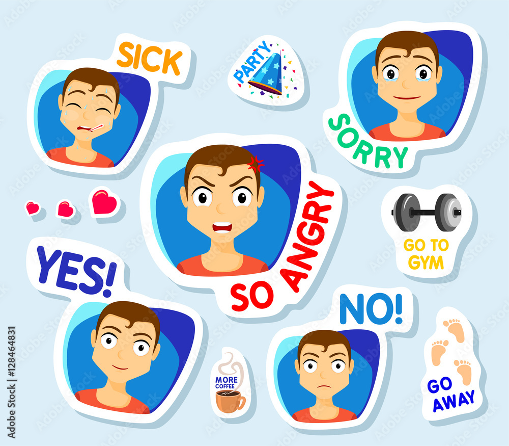 Collection of stickers for chat or sms. Stickers with man. Men with  different facial expressions. cartoon funny stickers set. So angry, No,  Yes, sick, Sorry, Vector Stock Vector | Adobe Stock