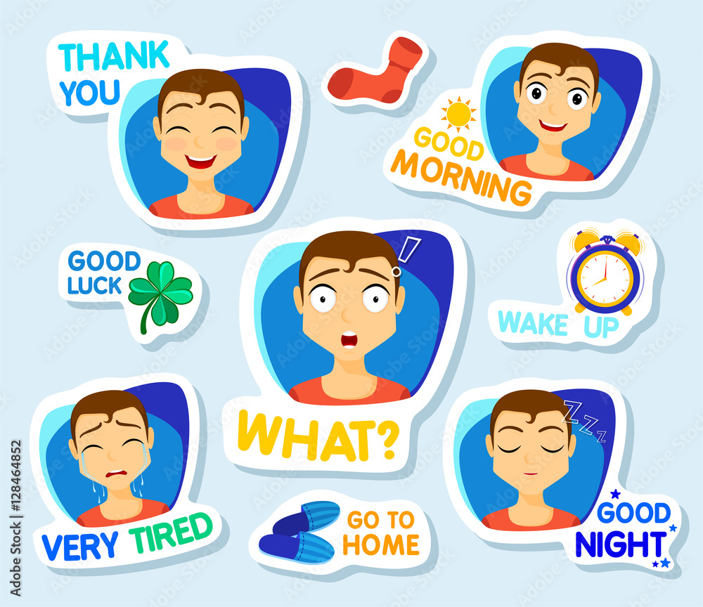 Collection of stickers for chat or sms. Stickers with man. Men with  different facial expressions. cartoon funny stickers set. What, Good morning,  thank you, Very tired, Good night, Vector Stock Vector |