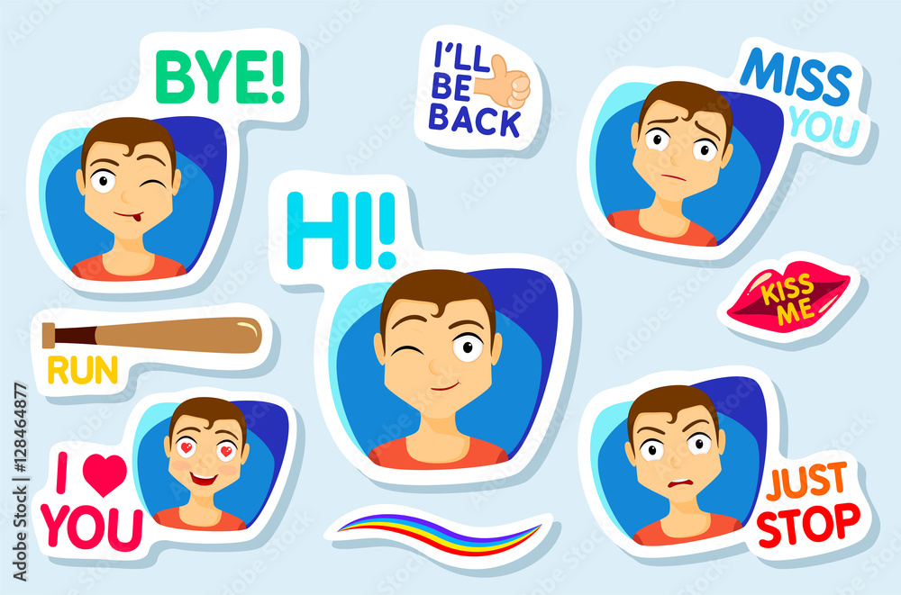 Collection of stickers for chat or sms. Stickers with man. Men with  different facial expressions. cartoon funny stickers set. Bye, Hi, Miss  you, I love you, Just stop, Vector Stock Vector |