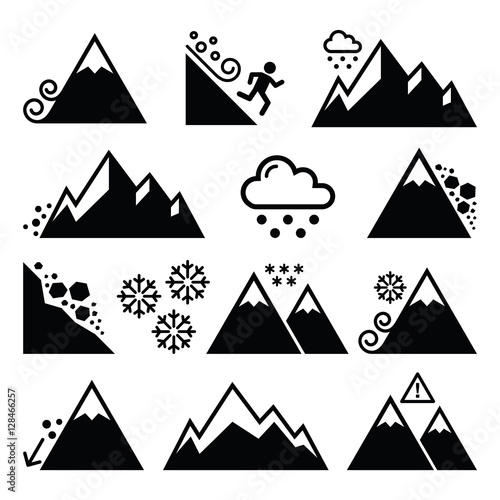 Mountains, avalanche, snowslide- natural disaster icons set 