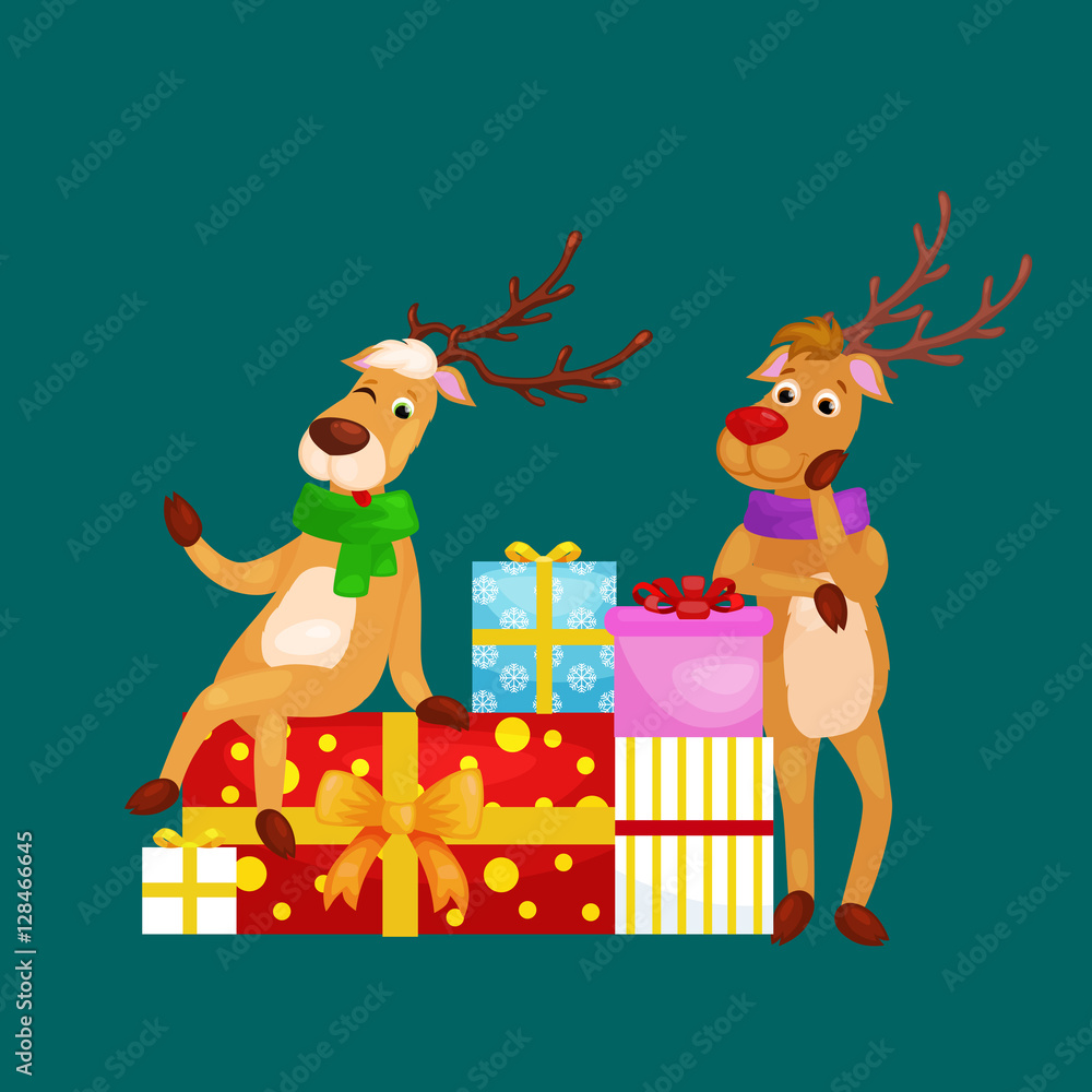 Naklejka premium christmas set of deer with banner isolated, happy winter xmas holiday animal greeting card, santa helper reindeer vector illustration