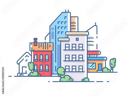City with high buildings for housing. Color apartment house. Vector illustration