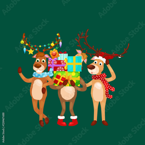 christmas set of deer with banner isolated, happy winter xmas holiday animal greeting card, santa helper reindeer vector illustration