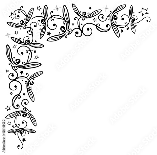 Mistel. Mistelranke mit Sternen. Florale Ranke Eckornament mit Misteln und dekorativen Blättern.