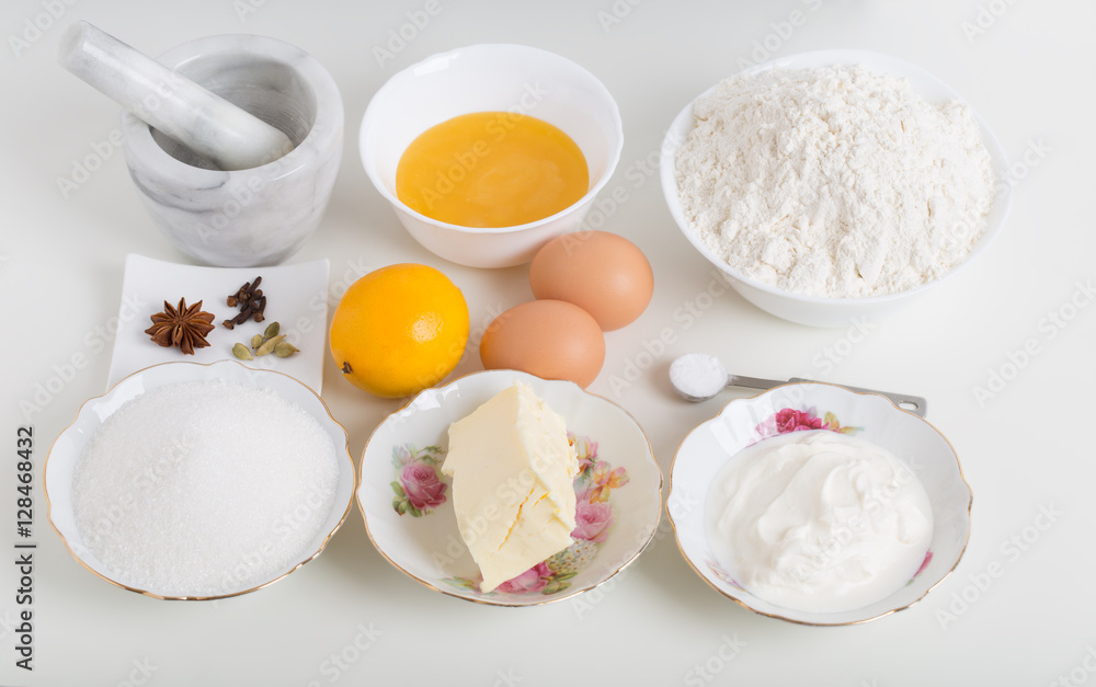Various ingredients for baking cake. Various ingredients for baking cake.