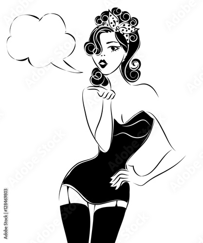 Sexy pin up woman sending an air kiss, black and white vector silhouette with speech bubble