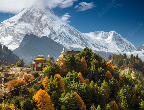 Himalayas mountain landscape. Buddhist monastery and Manaslu mount in Himalayas, Nepal.
