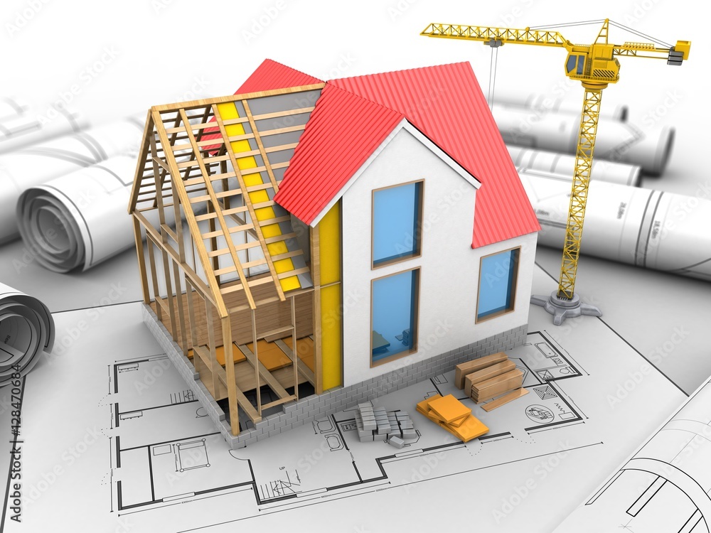 3d illustration of crane over house plan background with house