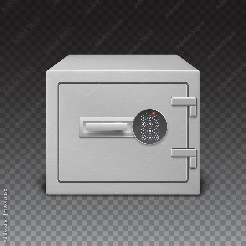 3D icon metal box on a transparent background, front view. Safe with digital lock with sophisticated details. Realistic vector image 3D icon metal box on a transparent background, front view. Safe with digital lock with sophisticated details. Realistic vector image