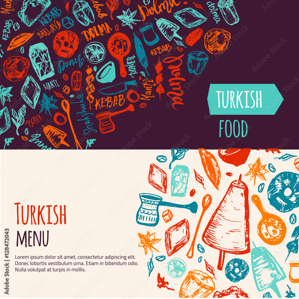 Turkish food hand drawn banner set with lettering and beverages with Kebab, Dolma, Shakshuka. Freehand vector doodles isolated on dark background