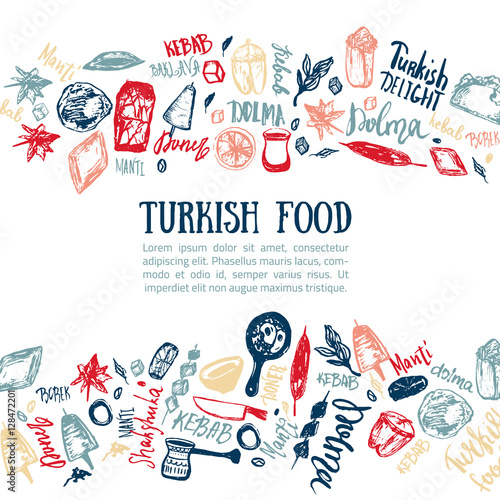 Turkish food hand drawn set with lettering and beverages with Kebab, Dolma, Shakshuka. Freehand vector doodles isolated on white background