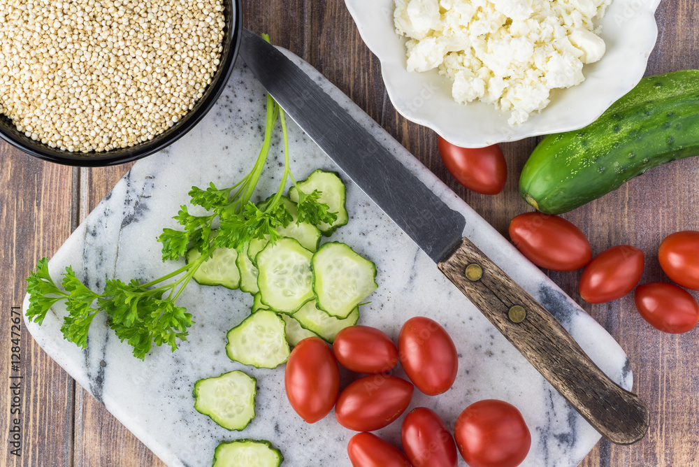 Ingredients for quinoa mediterranean salad. Ingredients for quinoa mediterranean salad.