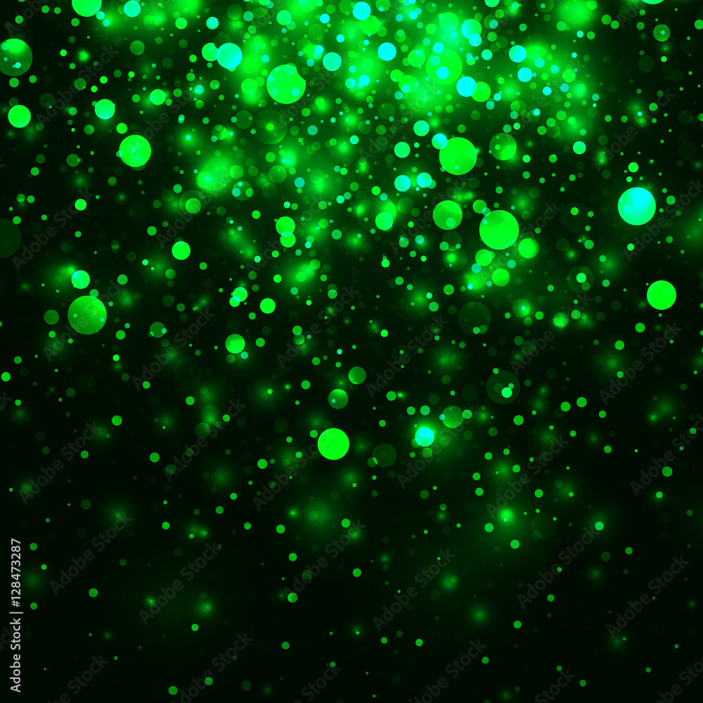 Vector green glowing light glitter abstract background. Magic glow