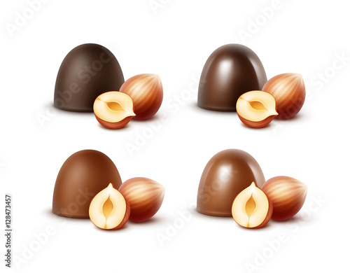 Set of Realistic Dark Black Bitter Milk Chocolate Candies with Hazelnuts Close up Isolated on White Background