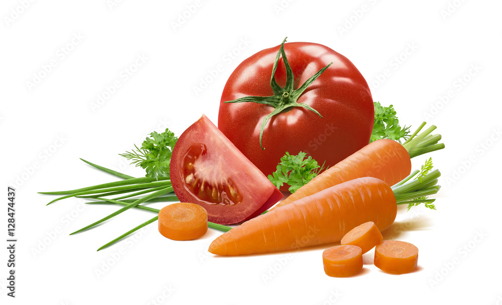Tomato piece green onion carrot isolated Tomato piece green onion carrot isolated