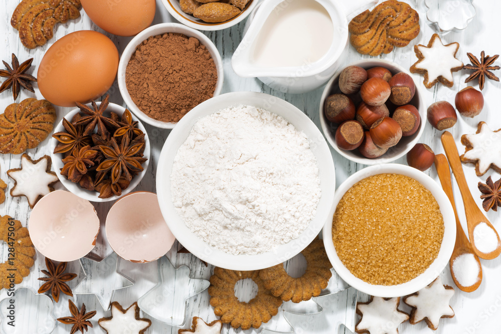 ingredients for baking, cookies and spices, top view ingredients for baking, cookies and spices, top view