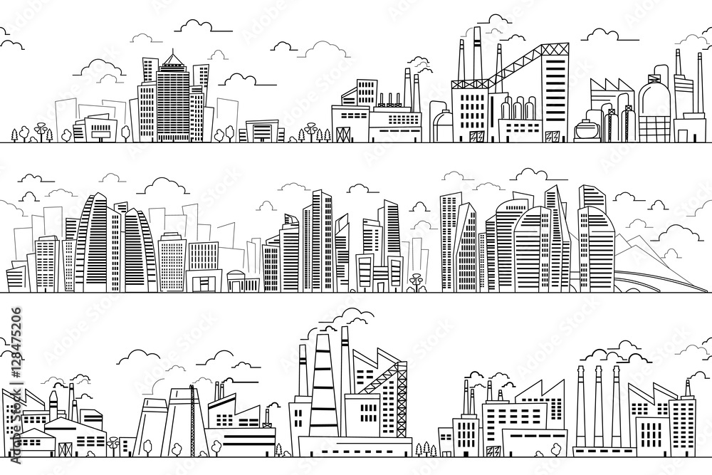 Industrial landscape and hand drawn cityscape. Vector plants buildings line silhouettes