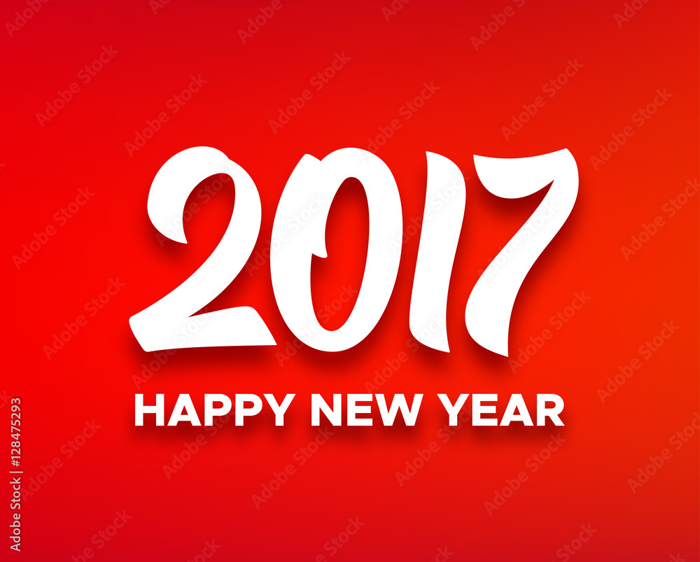 Happy New Year 2017 greeting card design with white paper text on red blurred background. Vector festive illustration for winter holidays greetings. Happy New Year 2017 greeting card design with white paper text on red blurred background. Vector festive illustration for winter holidays greetings.