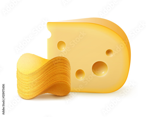 Vector Potato Crispy Chips Stack with Cheese Close up on White Background