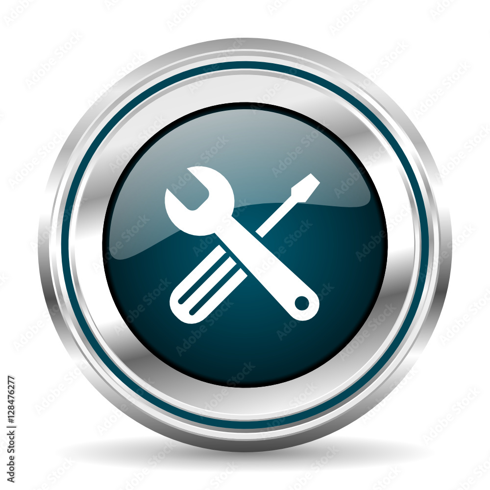 Tools vector icon. Chrome border round web button. Silver metallic pushbutton. Tools vector icon. Chrome border round web button. Silver metallic pushbutton.