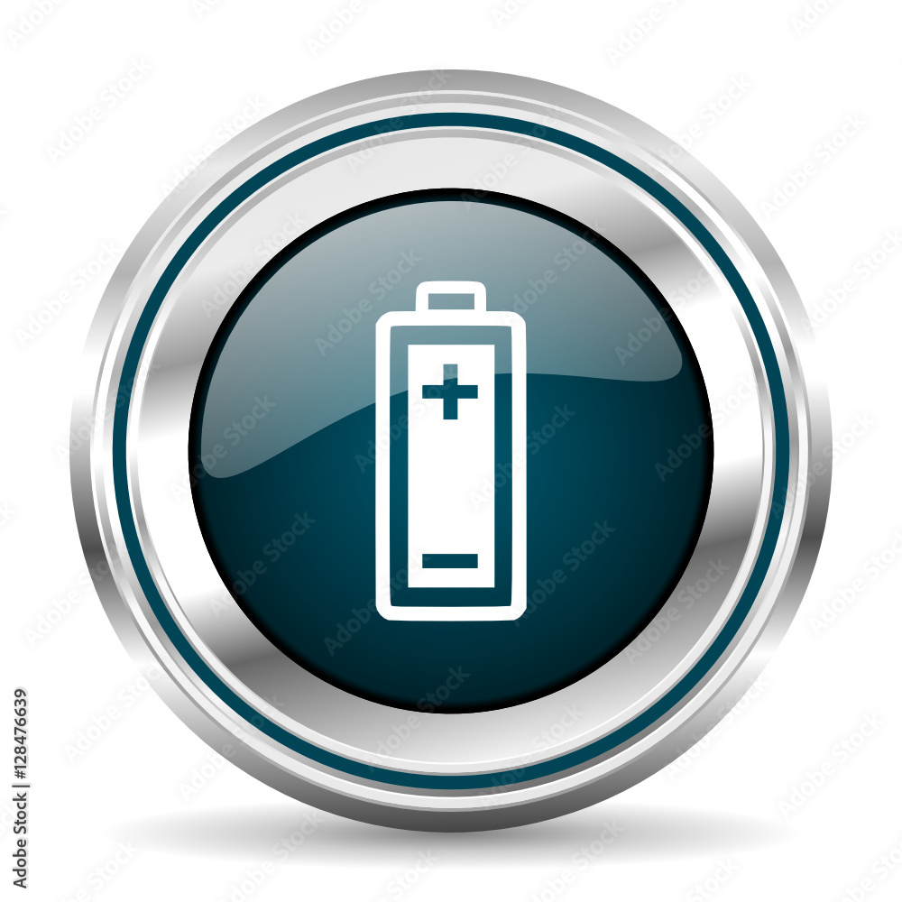 Battery vector icon. Chrome border round web button. Silver metallic pushbutton. Battery vector icon. Chrome border round web button. Silver metallic pushbutton.