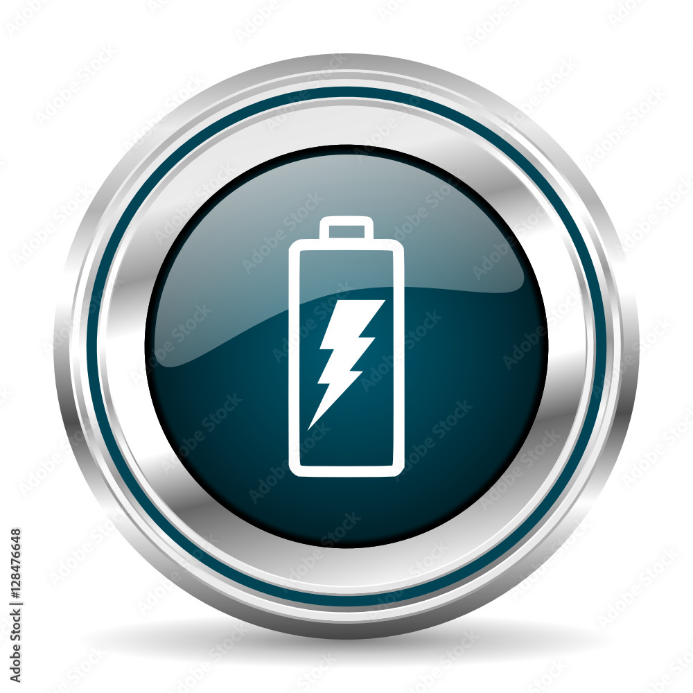 Battery vector icon. Chrome border round web button. Silver metallic pushbutton. Battery vector icon. Chrome border round web button. Silver metallic pushbutton.
