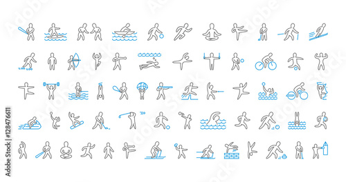 Large line set of sports icons. Vector linear symbol of sportsme