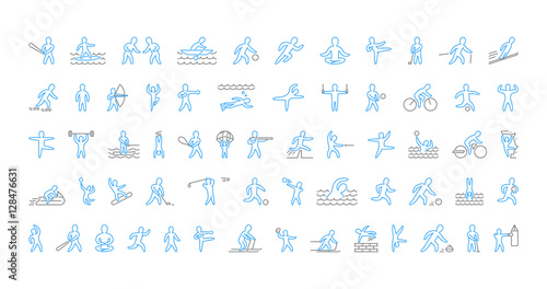 Large line set of sports icons. Vector linear symbol of sportsme