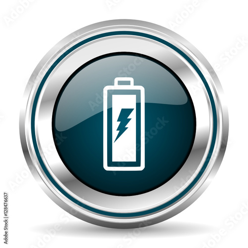 Battery sign vector icon. Modern design round orange button isolated on white square background for web and application designers in eps10.