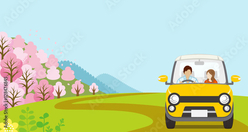 Car Driving in Spring nature, Young Couple, Anonymity - Front view