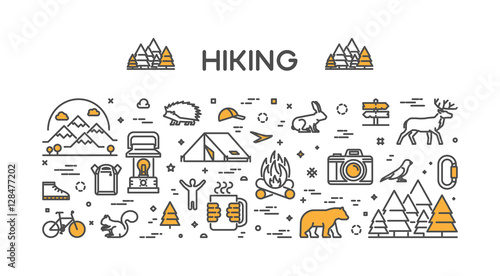 Vector line web concept and banner for hiking.