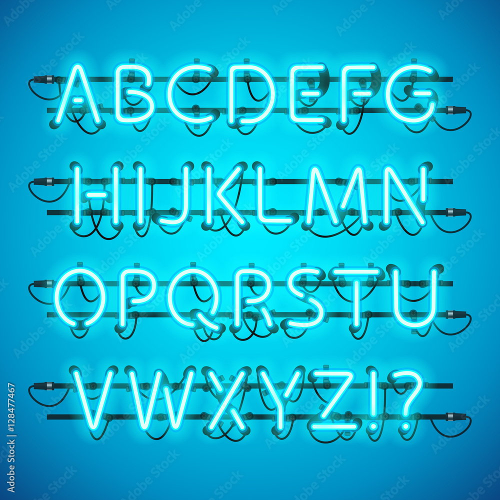 Glowing Neon Azure Blue Alphabet Glowing Neon Azure Blue Alphabet