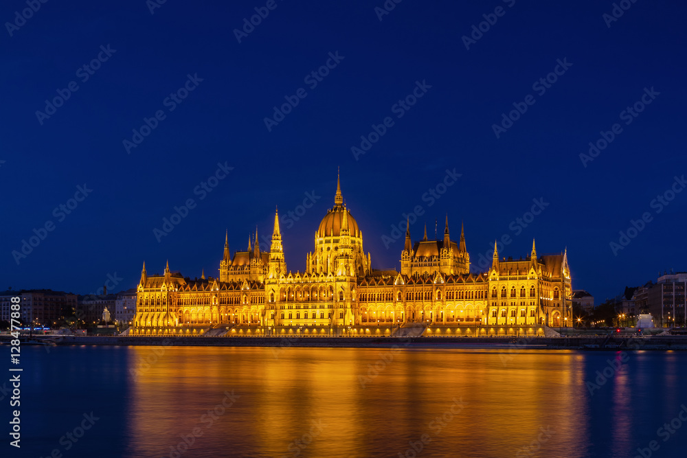 Illuminated Hungarian Parliament on the Danube