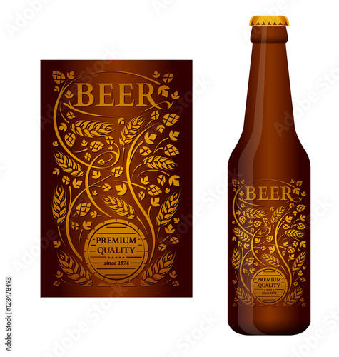 Vector beer label with floral ornament of hops and malt