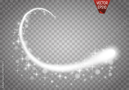 Set of magic glowing spark swirl trail effect isolated on transparent background. Bokeh glitter wave line with flying sparkling flash lights. Vector illustration