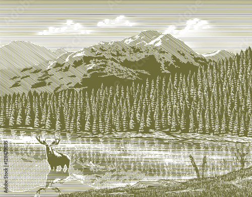 Woodcut illustration of a mountain scene with a moose in the foreground.