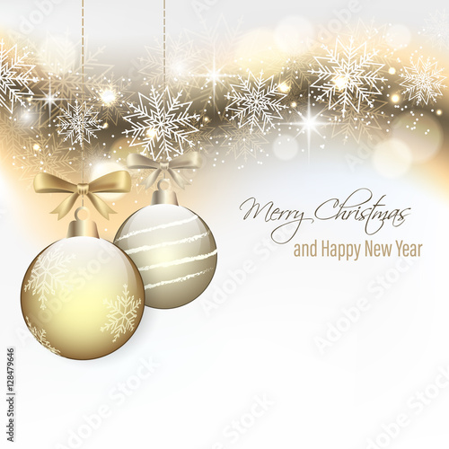 Christmas card with hanging baubles and snowflakes. Happy New Year.