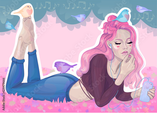 vector sweet girl with pink hair listening to music through the player and headphones, lying on a meadow