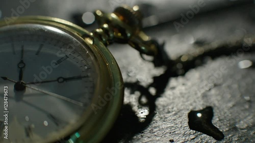 Setting Classic Pocket Watch Ticking in Slow Motion. Small pocket clock in man hands close up. Close-up of hand opening pocket watch. Macro shot 