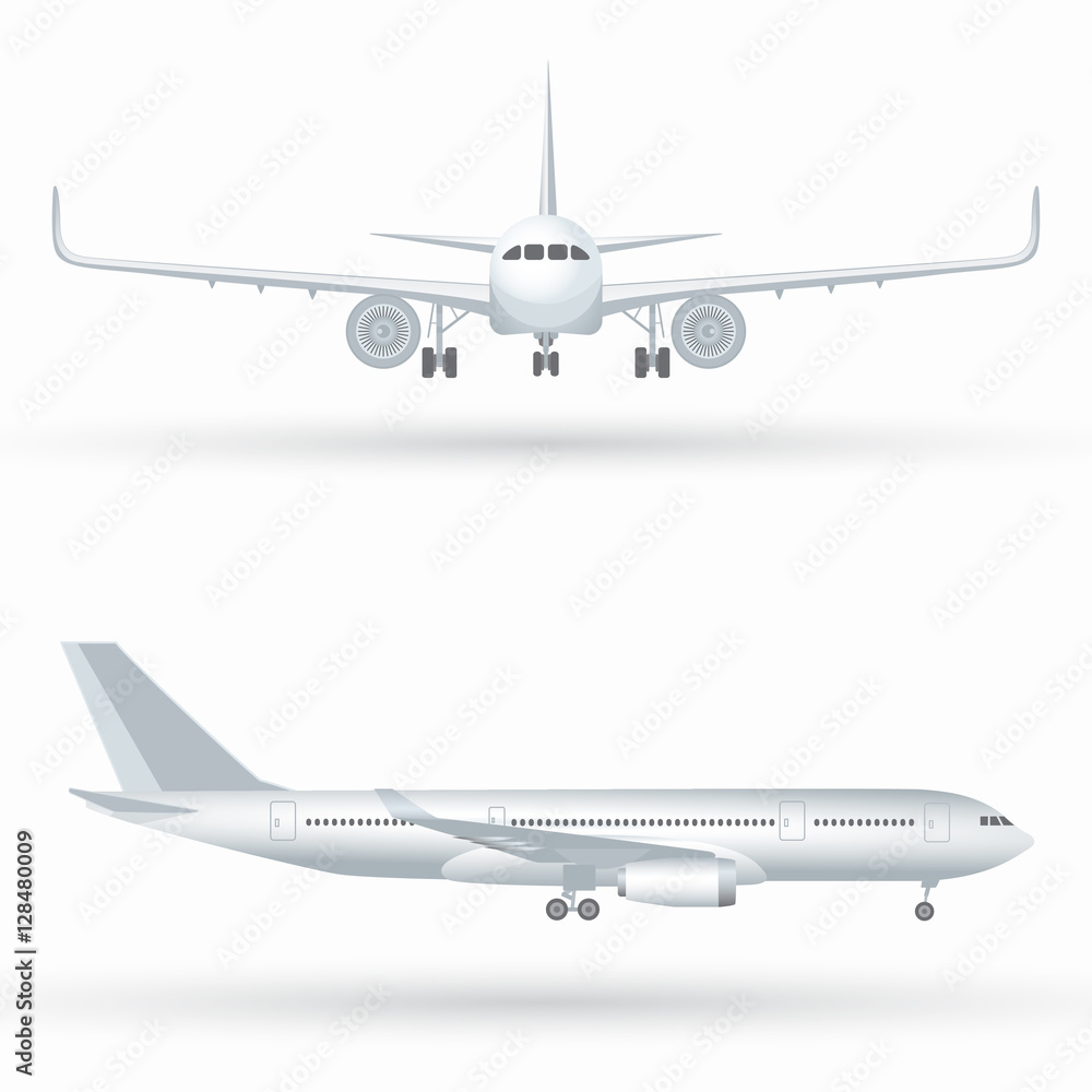 White airplane icon set on a white background in profile and from the front isolated vector illustration White airplane icon set on a white background in profile and from the front isolated vector illustration