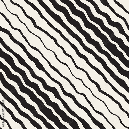 Vector Seamless Black and White Hand Drawn Diagonal Wavy Stripes Pattern