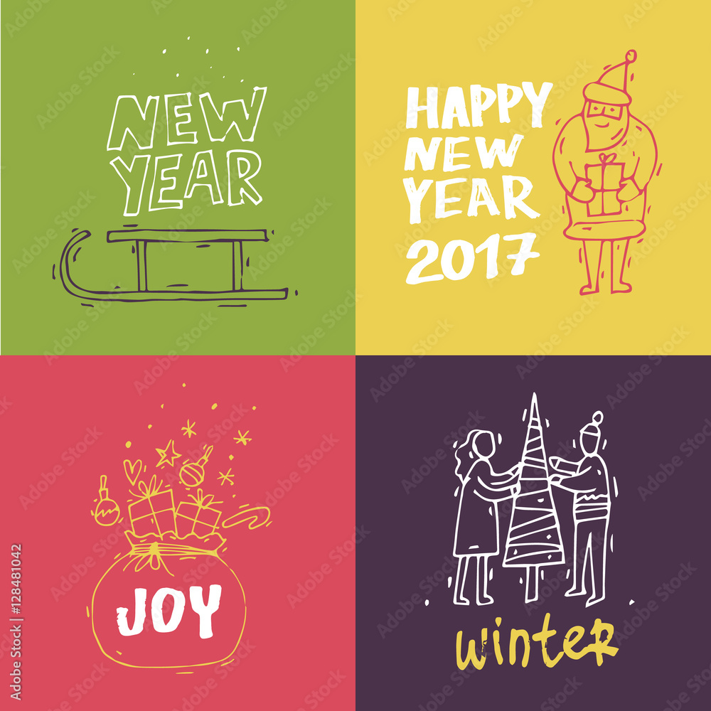 Merry Christmas and happy New Year. Hand drawn vintage style. Postcard, printed matter, greeting card, badges, stickers, website design, labels, internet marketing. Flat design vector illustration.