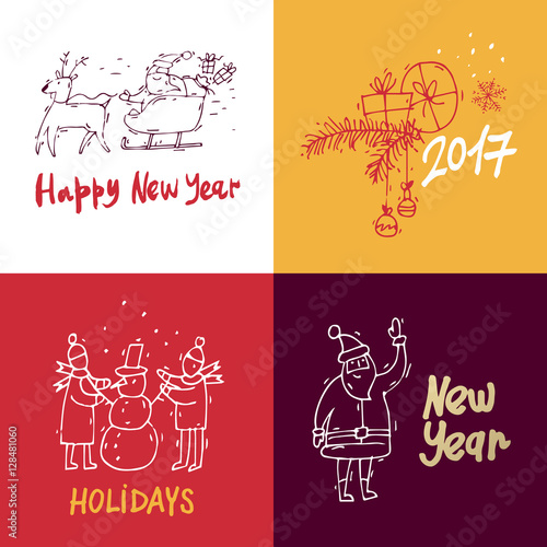 Merry Christmas and happy New Year. Hand drawn vintage style. Postcard, printed matter, greeting card, badges, stickers, website design, labels, internet marketing. Flat design vector illustration.
