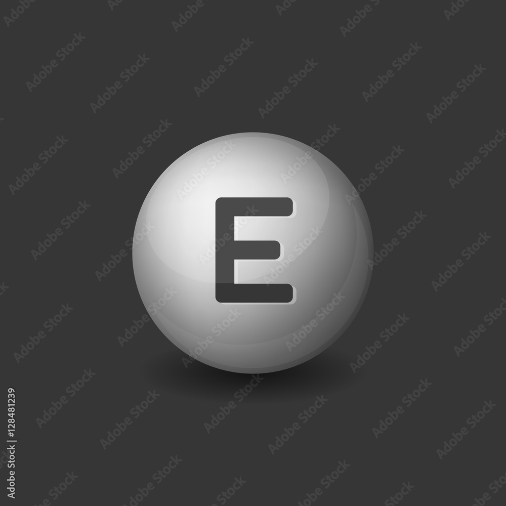 Vitamin E Silver Glossy Sphere Icon on Dark Background. Vector Vitamin E Silver Glossy Sphere Icon on Dark Background. Vector