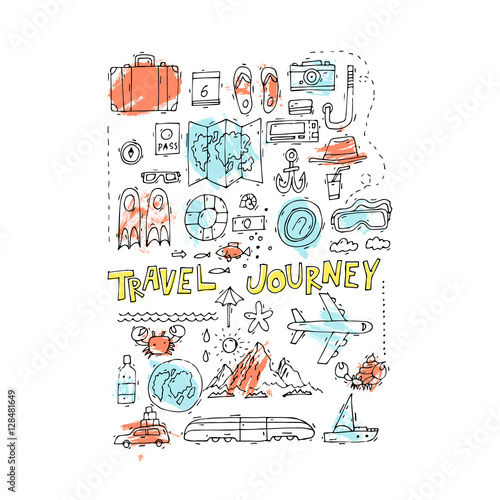 World Travel. Hand drawn. Planning summer vacations. Summer holiday, journey, traveling set of icons. Tourism and vacation theme. Flat design vector illustration.