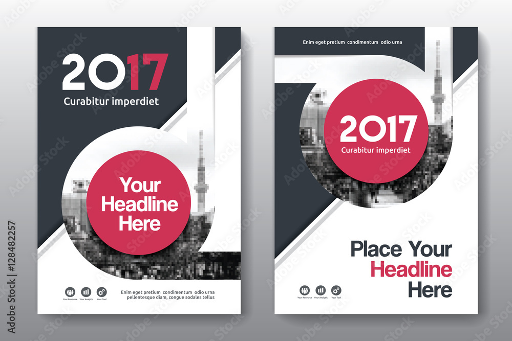 Fototapeta premium Red Color Scheme with City Background Business Book Cover Design Template in A4. Can be adapt to Brochure, Annual Report, Magazine,Poster, Corporate Presentation, Portfolio, Flyer, Banner, Website.