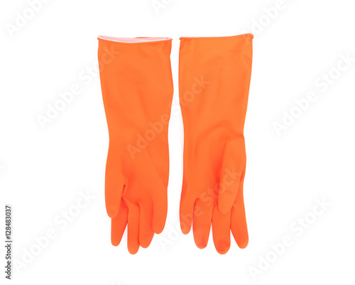 Orange color rubber gloves for cleaning on white background, ho